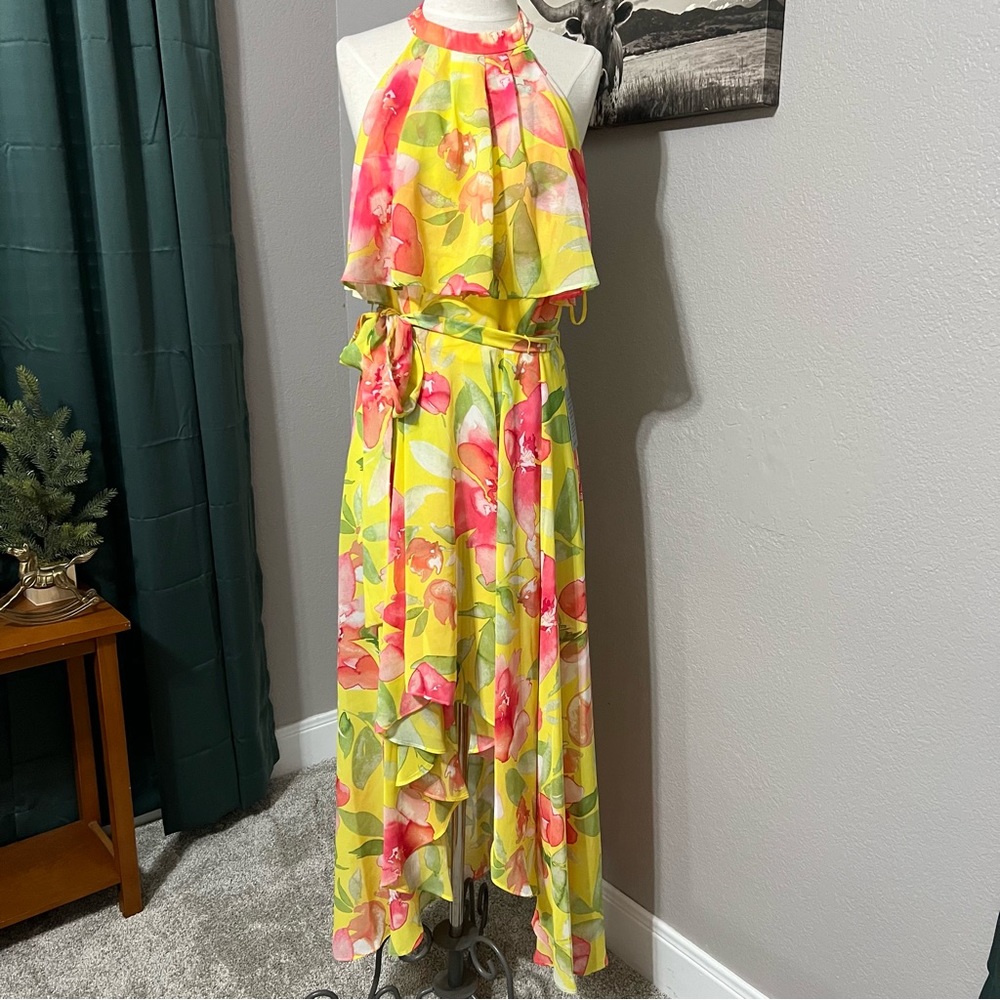 Eliza J Halter Neck High-Low Dress Yellow floral size 8